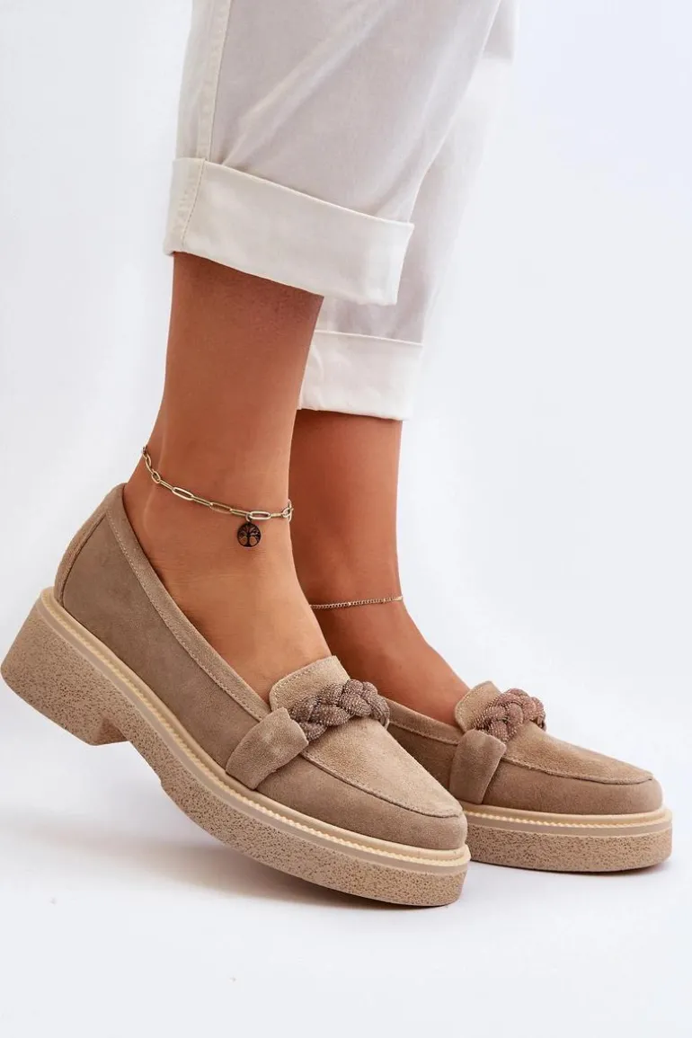 Zazoo 3429/W Damskie Zamszowe Mokasyny Z Ozdobą Beżowe