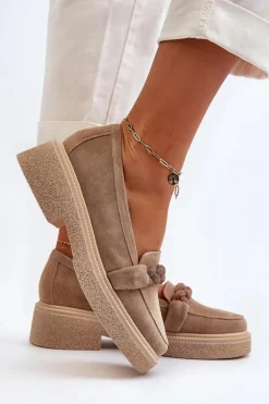 Zazoo 3429/W Damskie Zamszowe Mokasyny Z Ozdobą Beżowe