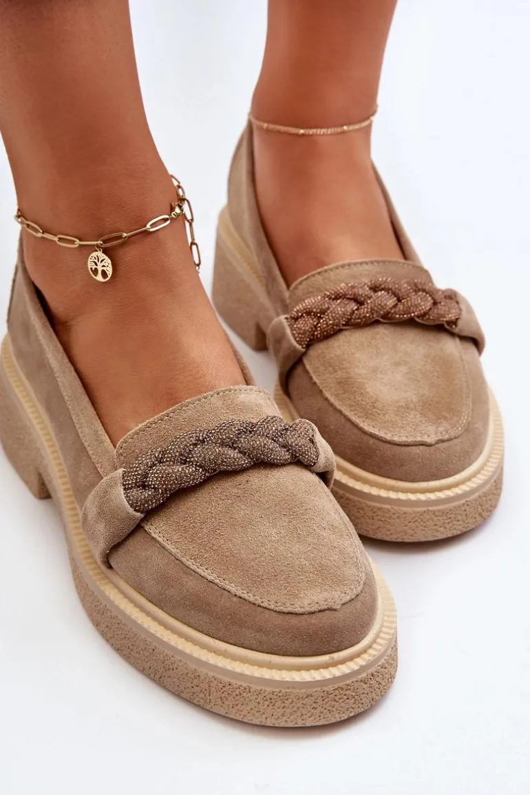 Zazoo 3429/W Damskie Zamszowe Mokasyny Z Ozdobą Beżowe