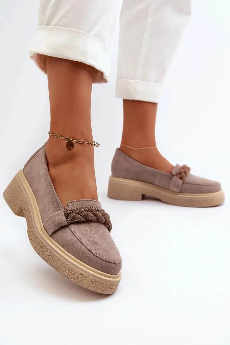 Zazoo 3429/W Damskie Zamszowe Mokasyny Z Ozdobą Cappuccino