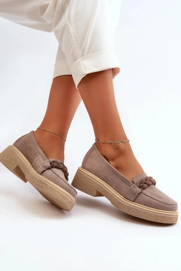 Zazoo 3429/W Damskie Zamszowe Mokasyny Z Ozdobą Cappuccino