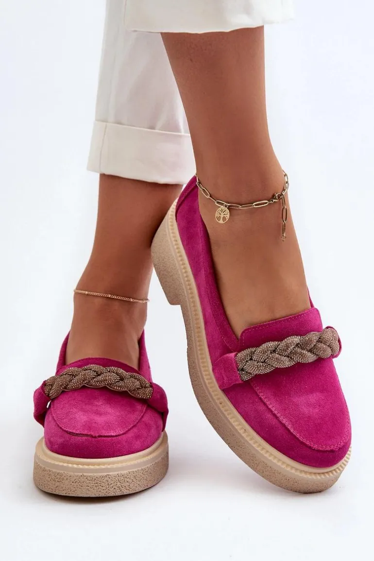 Zazoo 3429/W Damskie Zamszowe Mokasyny Z Ozdobą Fuksja