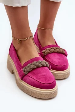 Zazoo 3429/W Damskie Zamszowe Mokasyny Z Ozdobą Fuksja
