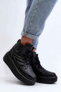Zazoo 3392/X Damskie Skórzane Buty Sportowe Na Platformie Czarne