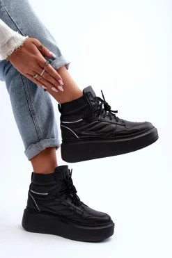 Zazoo 3392/X Damskie Skórzane Buty Sportowe Na Platformie Czarne