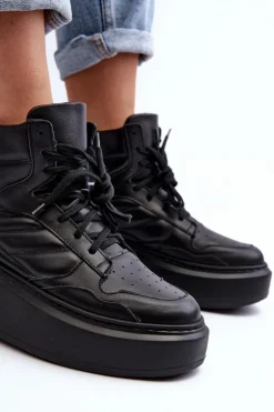 Zazoo 3392/X Damskie Skórzane Buty Sportowe Na Platformie Czarne
