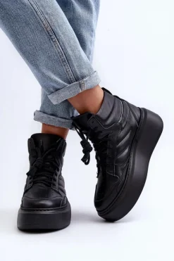 Zazoo 3392/X Damskie Skórzane Buty Sportowe Na Platformie Czarne