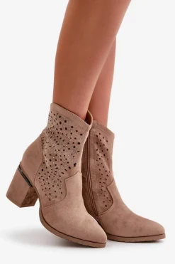 Zdobione Ażurowe Botki Damskie Na Słupku Z Eko Zamszu Beżowe S.Barski HY42-029