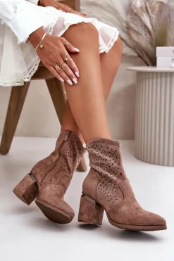 Zdobione Ażurowe Botki Damskie Na Słupku Z Eko Zamszu Brązowe S.Barski HY42-029