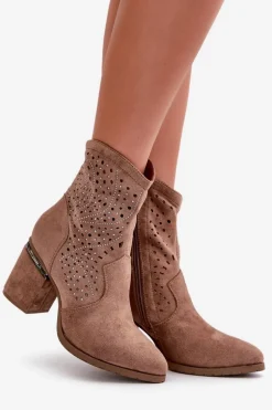 Zdobione Ażurowe Botki Damskie Na Słupku Z Eko Zamszu Brązowe S.Barski HY42-029