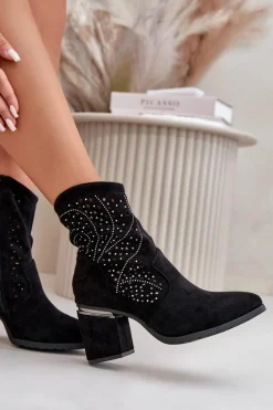 Zdobione Ażurowe Botki Damskie Na Słupku Z Eko Zamszu Czarne S.Barski HY42-029