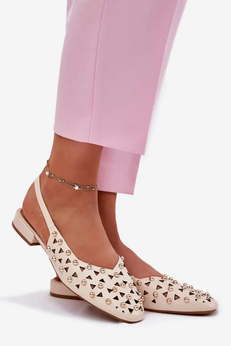 Zdobione Baleriny Na Płaskim Obcasie Beżowe Nilarisela