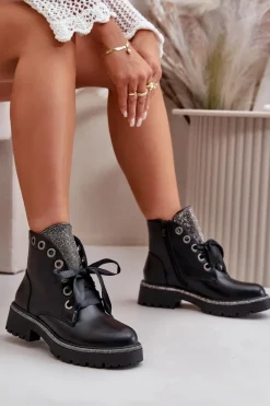 Zdobione Botki Damskie Eko Skórzane Ocieplane Czarne Rilatha