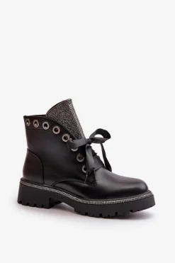 Zdobione Botki Damskie Eko Skórzane Ocieplane Czarne Rilatha