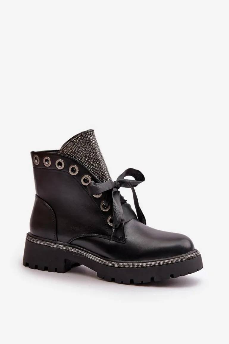 Zdobione Botki Damskie Eko Skórzane Ocieplane Czarne Rilatha