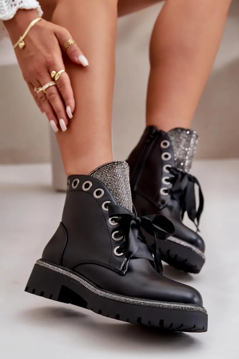 Zdobione Botki Damskie Eko Skórzane Ocieplane Czarne Rilatha