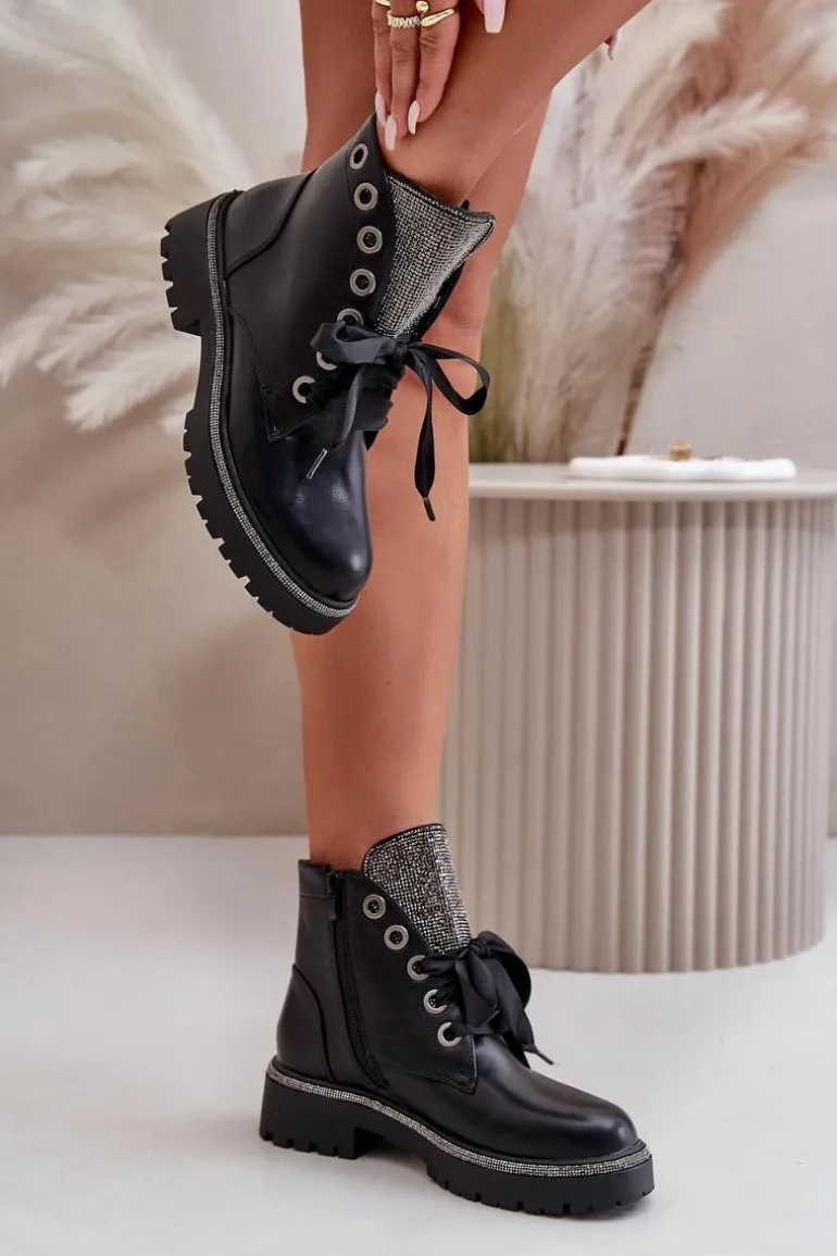 Zdobione Botki Damskie Eko Skórzane Ocieplane Czarne Rilatha