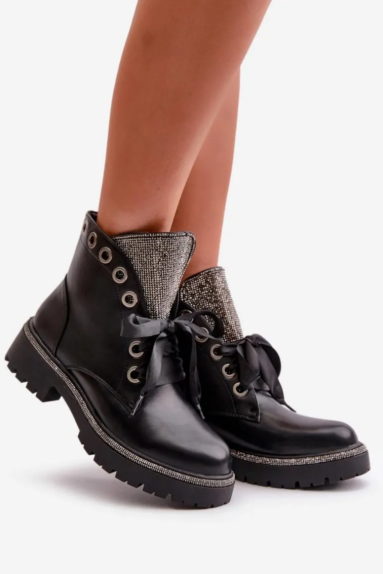 Zdobione Botki Damskie Eko Skórzane Ocieplane Czarne Rilatha