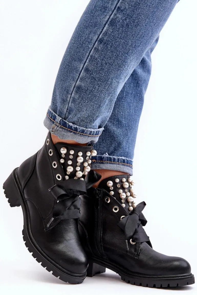 Zdobione Botki Damskie Na Suwak Czarne Elonte