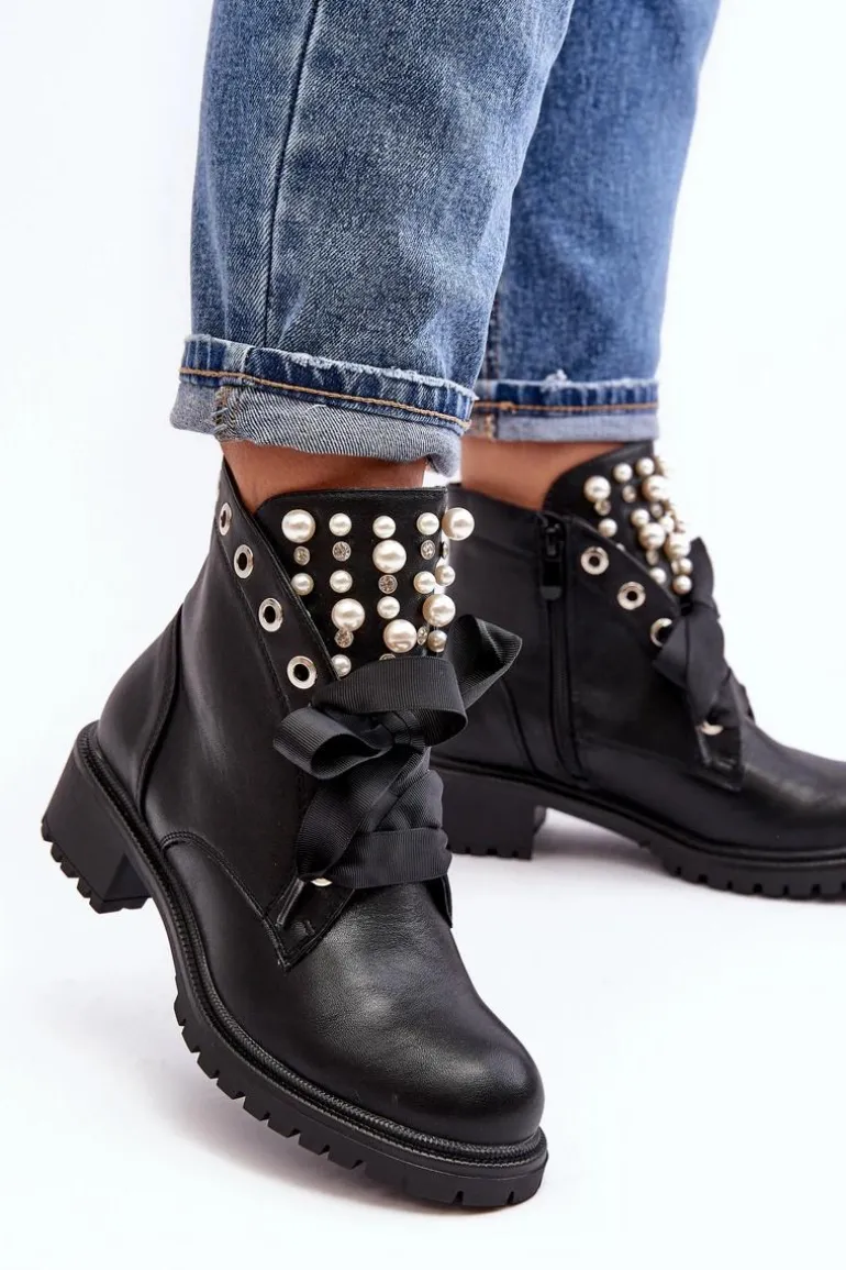 Zdobione Botki Damskie Na Suwak Czarne Elonte