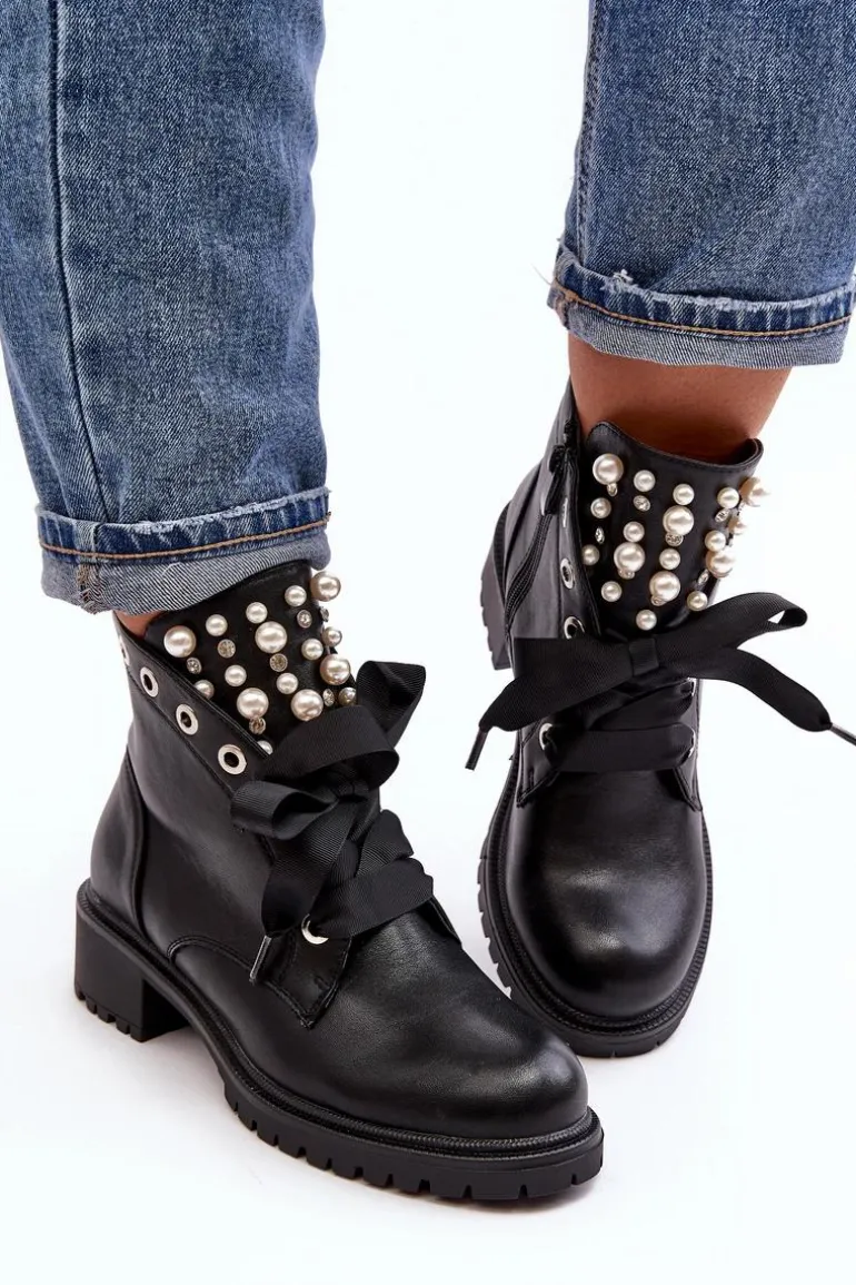 Zdobione Botki Damskie Na Suwak Czarne Elonte