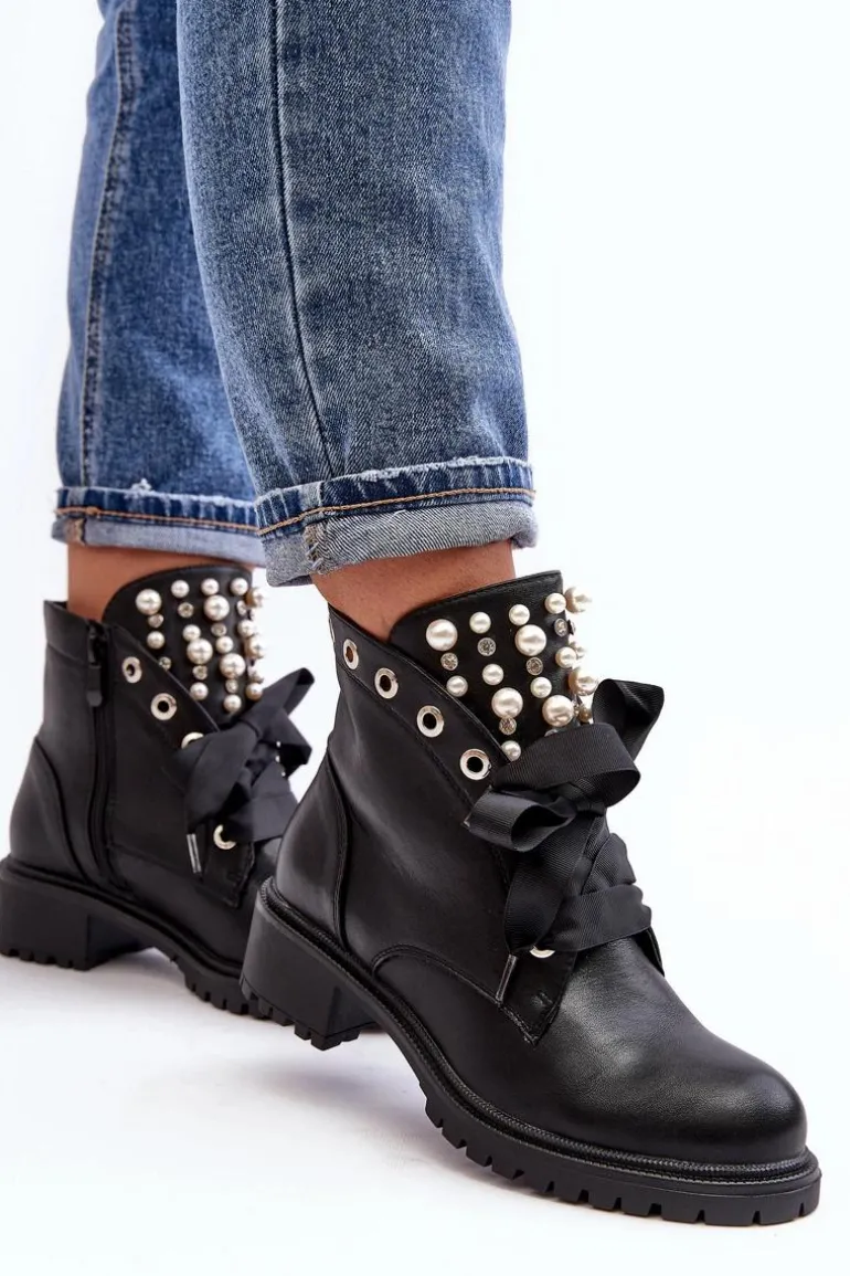 Zdobione Botki Damskie Na Suwak Czarne Elonte