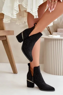 Zdobione Botki Damskie Na Obcasie Z Noskami W Szpic Czarne Fararia