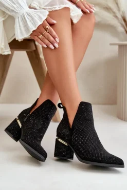 Zdobione Botki Damskie Na Obcasie Z Noskami W Szpic Czarne Fararia