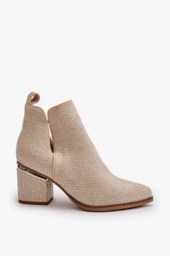 Zdobione Botki Damskie Na Obcasie Z Noskami W Szpic Beżowe Fararia