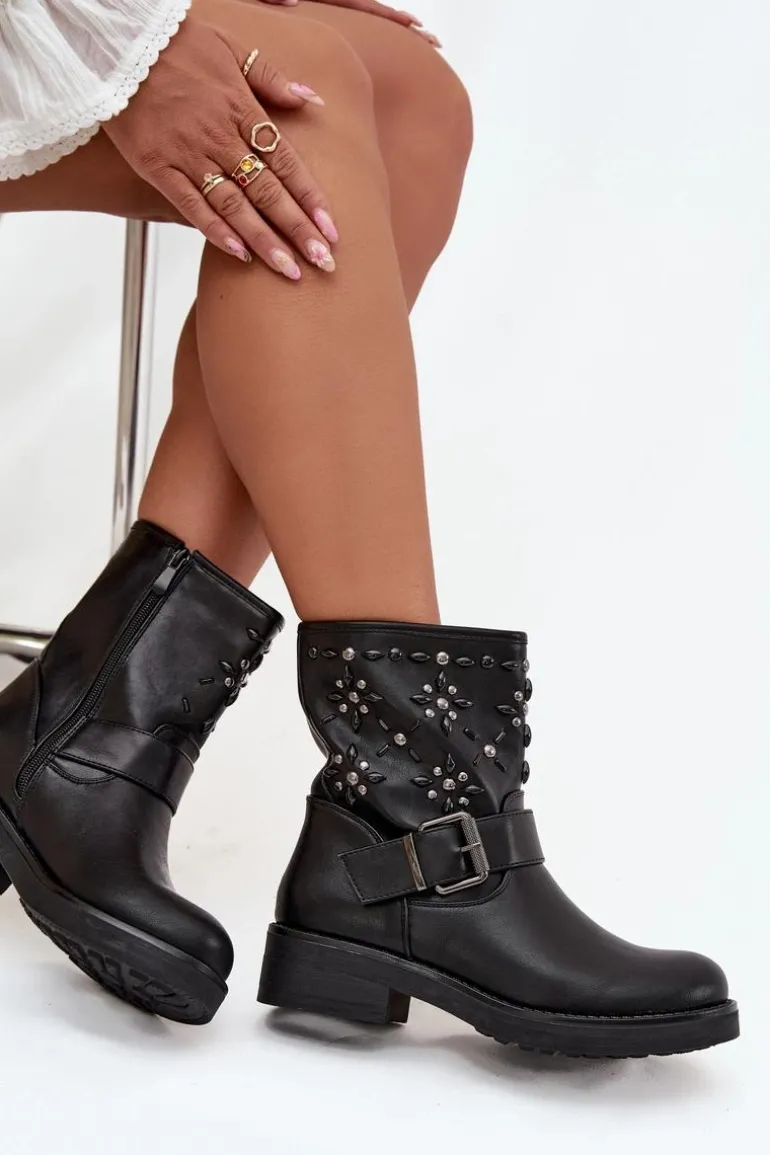Zdobione Botki Damskie Z Klamrą Czarne Mivana