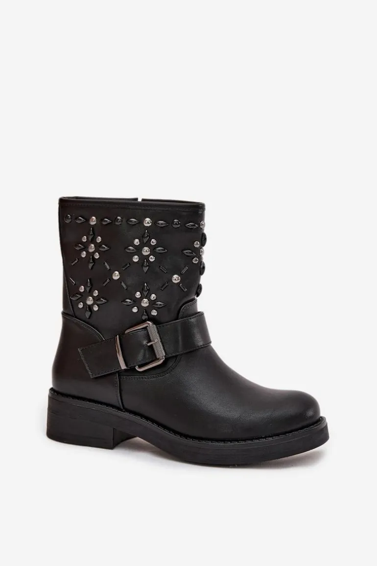 Zdobione Botki Damskie Z Klamrą Czarne Mivana