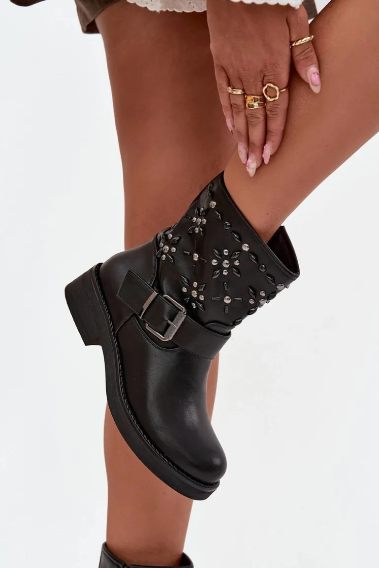 Zdobione Botki Damskie Z Klamrą Czarne Mivana