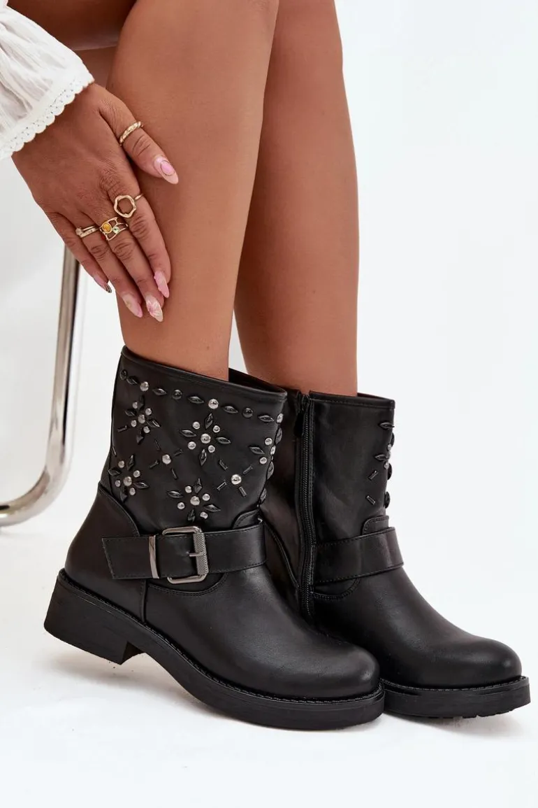 Zdobione Botki Damskie Z Klamrą Czarne Mivana
