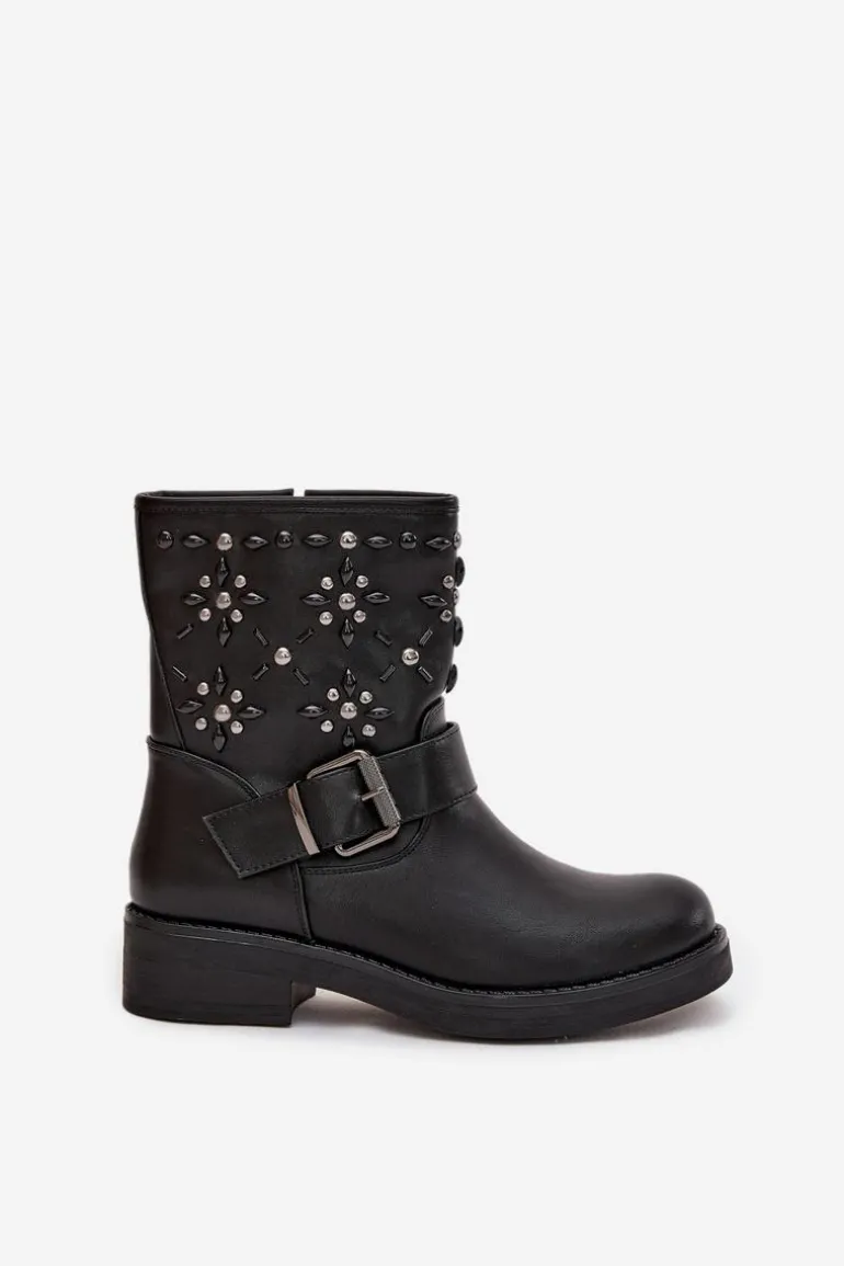 Zdobione Botki Damskie Z Klamrą Czarne Mivana