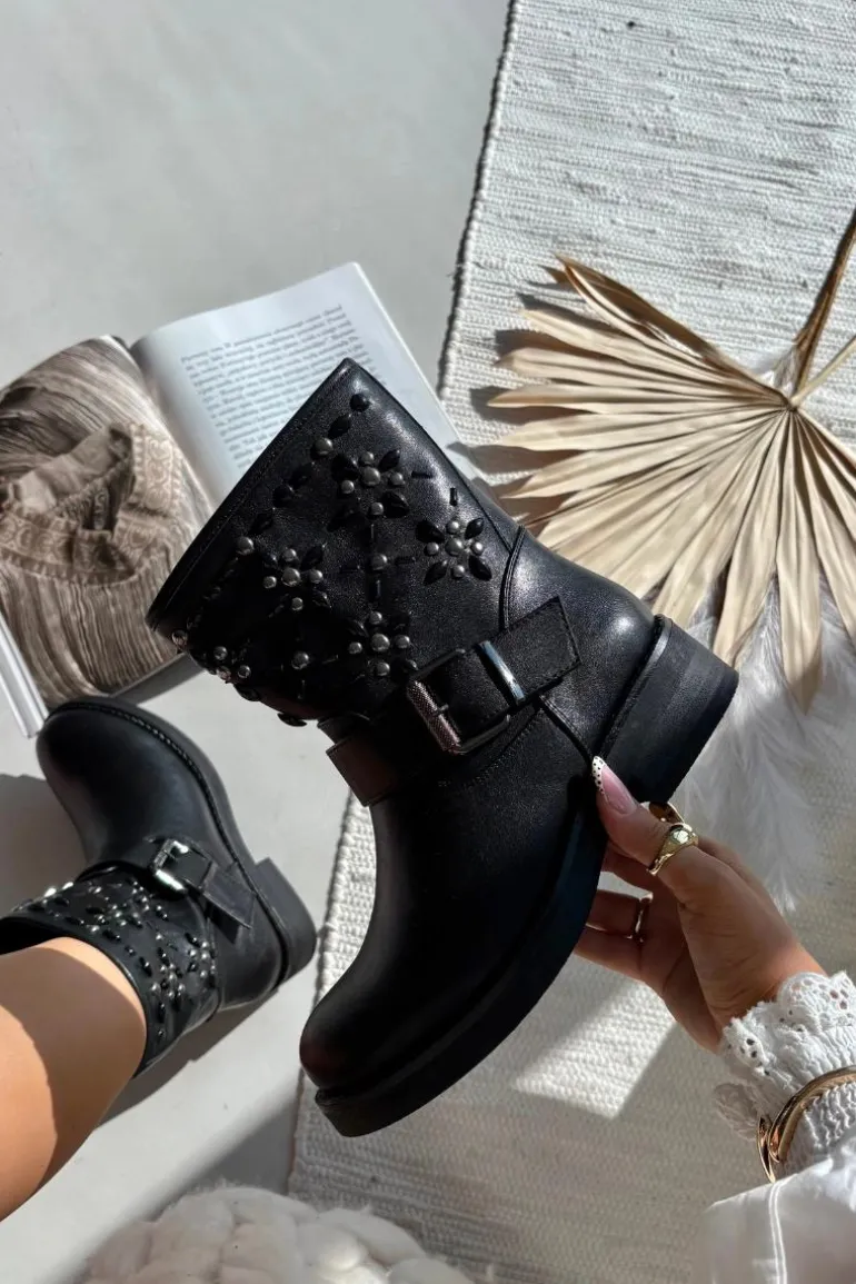 Zdobione Botki Damskie Z Klamrą Czarne Mivana