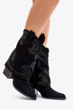 Zdobione Botki Kowbojki Do Połowy Łydki Na Słupku S.Barski HY42-153 Czarne