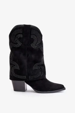 Zdobione Botki Kowbojki Do Połowy Łydki Na Słupku S.Barski HY42-153 Czarne