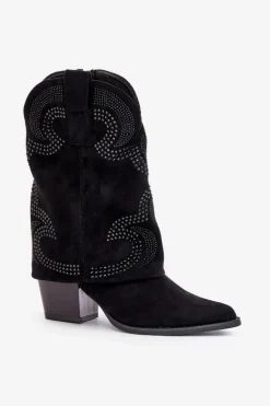 Zdobione Botki Kowbojki Do Połowy Łydki Na Słupku S.Barski HY42-153 Czarne