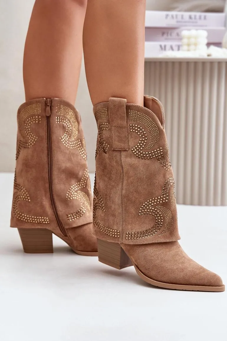 Zdobione Botki Kowbojki Do Połowy Łydki Na Słupku S.Barski HY42-153 Camel