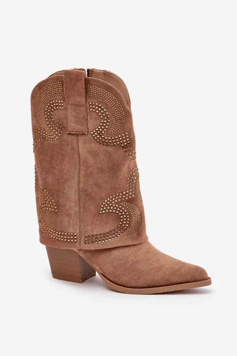 Zdobione Botki Kowbojki Do Połowy Łydki Na Słupku S.Barski HY42-153 Camel