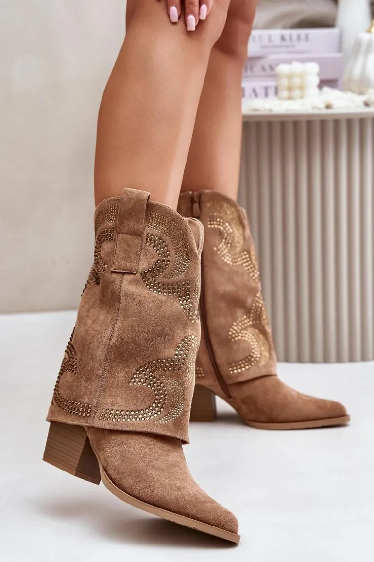 Zdobione Botki Kowbojki Do Połowy Łydki Na Słupku S.Barski HY42-153 Camel