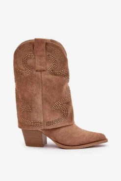 Zdobione Botki Kowbojki Do Połowy Łydki Na Słupku S.Barski HY42-153 Camel