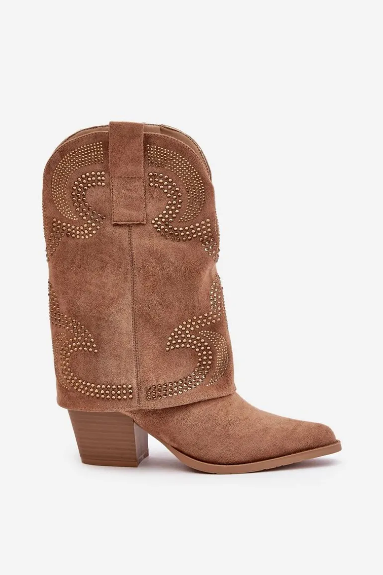 Zdobione Botki Kowbojki Do Połowy Łydki Na Słupku S.Barski HY42-153 Camel