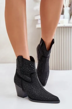 Zdobione Botki Kowbojki Na Obcasie Z Noskami W Szpic S.Barski HY42-121 Czarne