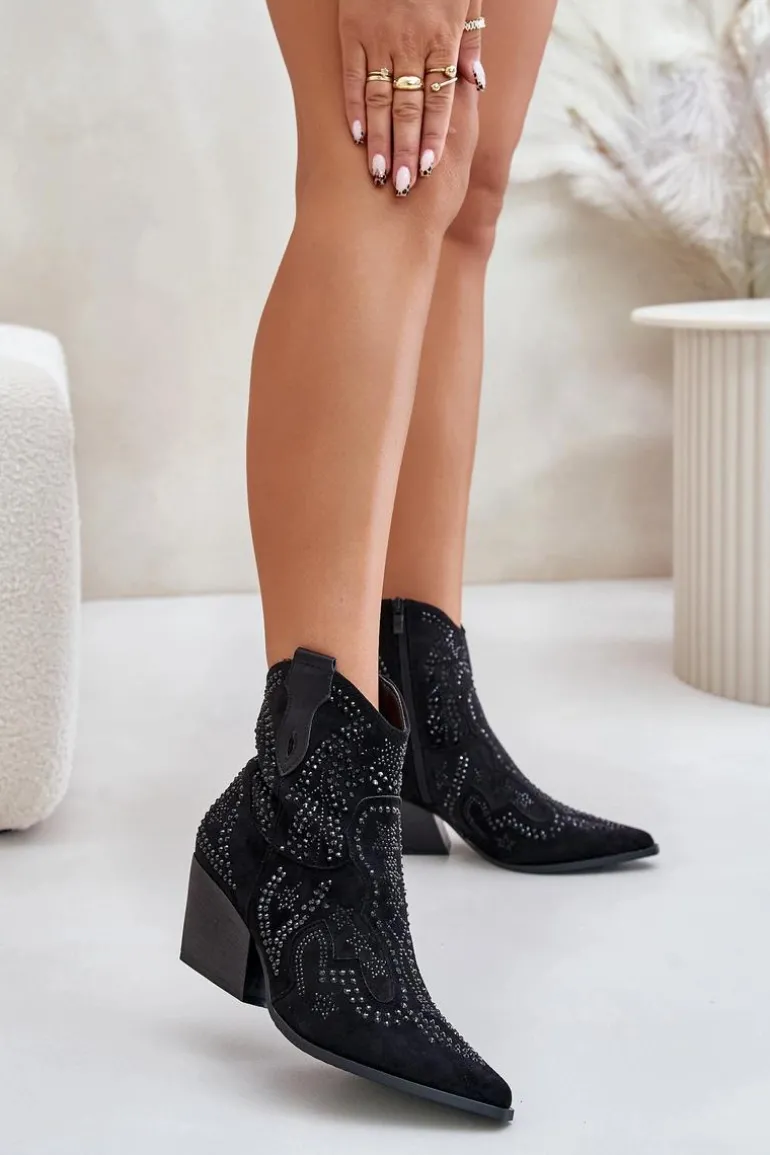 Zdobione Botki Kowbojki Na Obcasie Czarne Kaivina