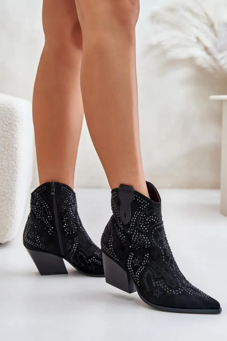 Zdobione Botki Kowbojki Na Obcasie Czarne Kaivina