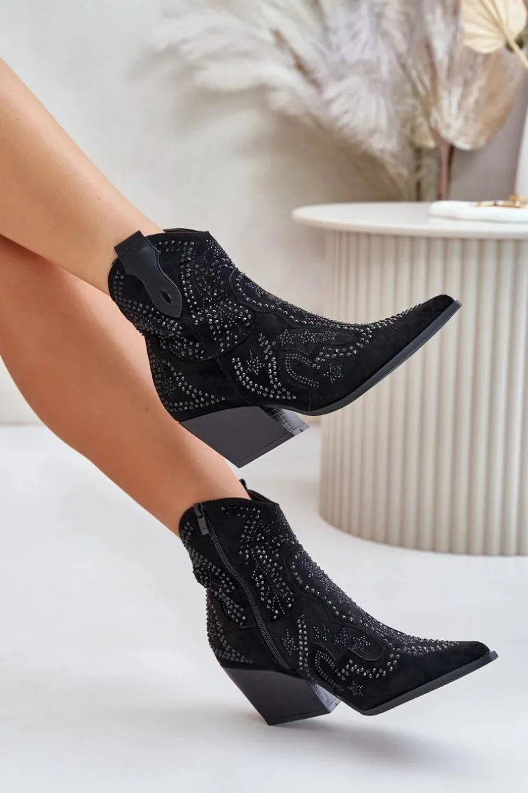 Zdobione Botki Kowbojki Na Obcasie Czarne Kaivina