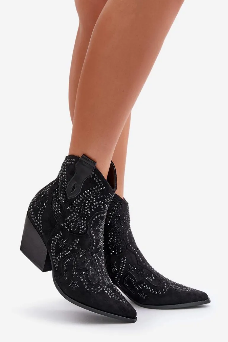 Zdobione Botki Kowbojki Na Obcasie Czarne Kaivina