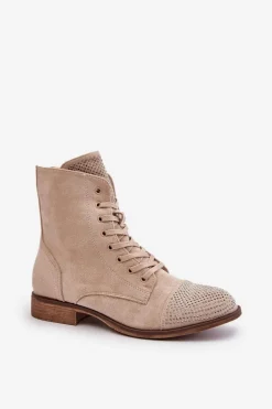 Zdobione Botki Na Płaskim Obcasie Eko Zamszowe Ocieplane Jasnobeżowe Ellieo