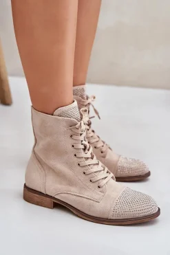 Zdobione Botki Na Płaskim Obcasie Eko Zamszowe Ocieplane Jasnobeżowe Ellieo